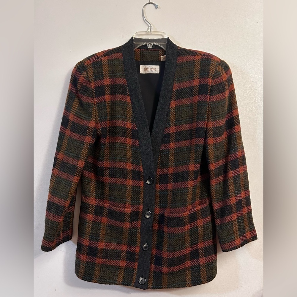 First Issue Wool Button Blazer Pockets V-Neck Cardigan Knit Trim Lined Small
